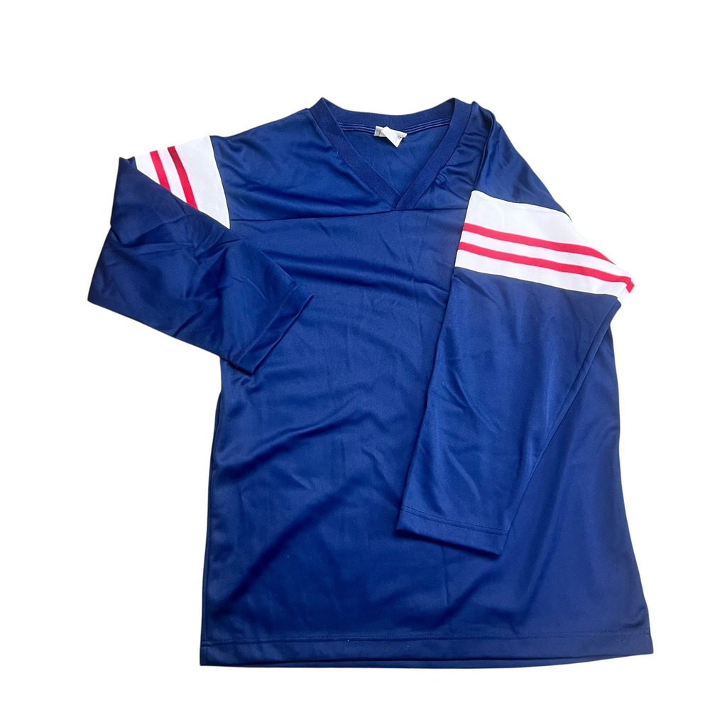 Vintage Lee Sport Mens Navy Long Sleeve Jersey V-Neck Striped Shirt Size 14/16